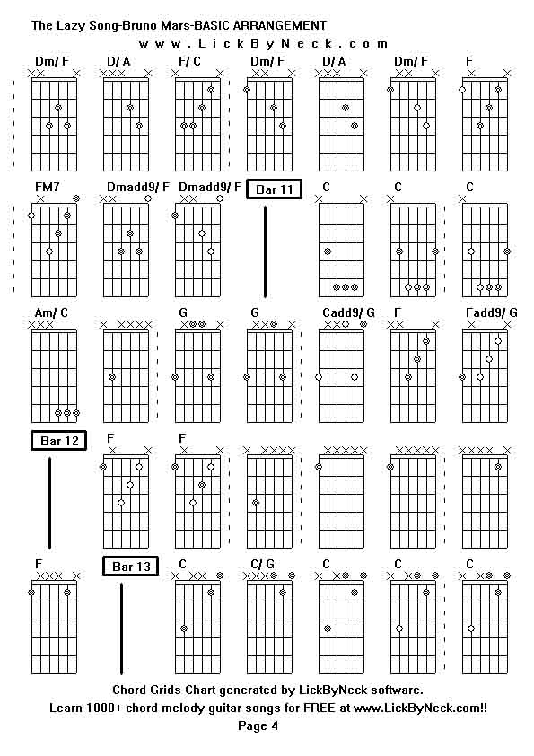 Chord Grids Chart of chord melody fingerstyle guitar song-The Lazy Song-Bruno Mars-BASIC ARRANGEMENT,generated by LickByNeck software.